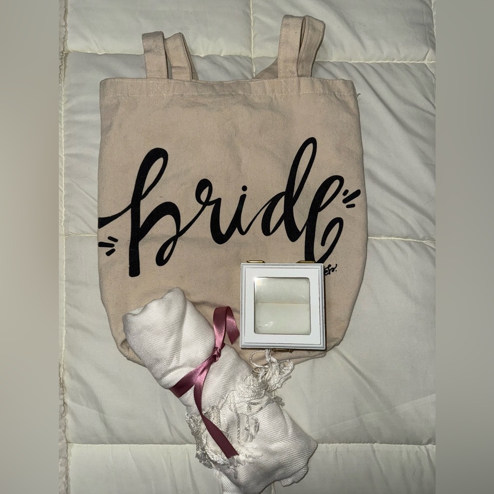 Bride Tote Bag in Cream, White Shawl and Vintage White Wooden Jewelry Box.